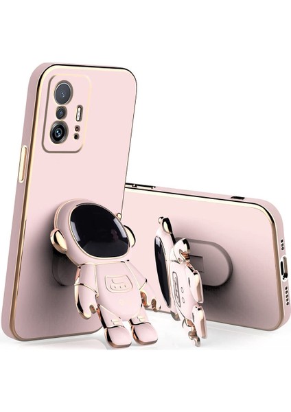 Xiaomi Mi 11T Pro 5g Kılıf Kamera Korumalı Astronot Desenli Standlı Silikon Pembe