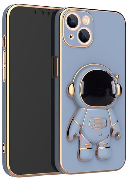 iPhone 15 Plus Kılıf Kamera Korumalı Astronot Desenli Standlı Silikon Mavi