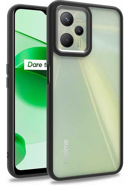 Realme C35 Kılıf Flora Sert Silikon Arkası Cam Şeffaf Siyah