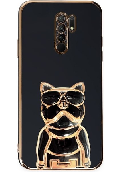 Xiaomi Redmi 9 Kılıf Kamera Korumalı Köpek Desenli Standlı Silikon Siyah