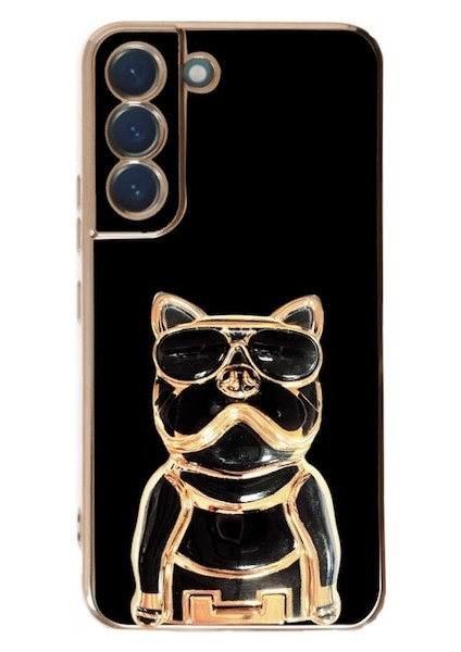 Samsung Galaxy S21 Fe Kılıf Kamera Korumalı Köpek Desenli Standlı Silikon Siyah