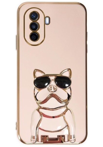 Huawei Nova Y70 Kılıf Kamera Korumalı Köpek Desenli Standlı Silikon Pembe