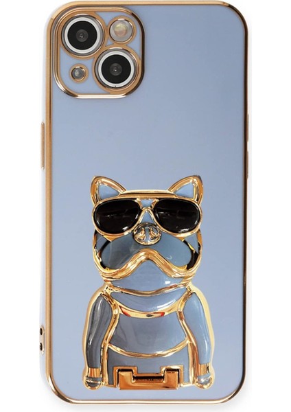 iPhone 14 Kılıf Kamera Korumalı Köpek Desenli Standlı Silikon Mavi