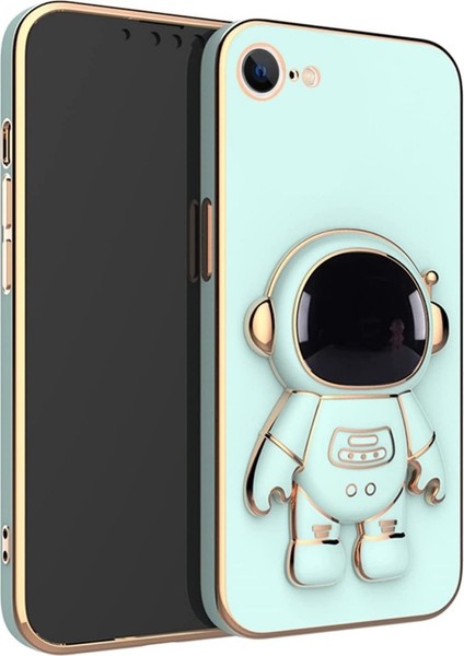 iPhone Se 2022 Kılıf Kamera Korumalı Astronot Desenli Standlı Silikon Turkuaz