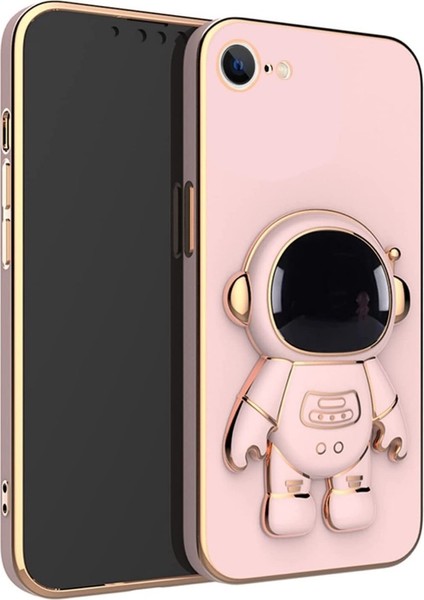 iPhone 7 Kılıf Kamera Korumalı Astronot Desenli Standlı Silikon Pembe