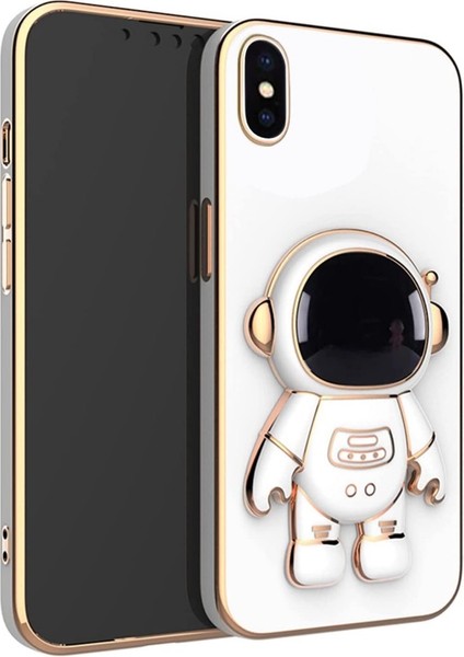 iPhone Xr Kılıf Kamera Korumalı Astronot Desenli Standlı Silikon Beyaz