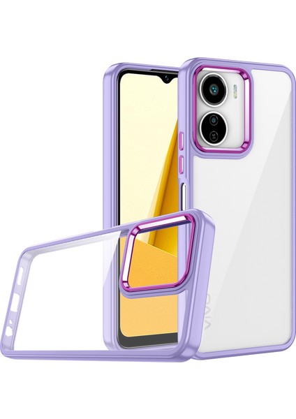Vivo Y16 Kılıf Flora Sert Silikon Arkası Cam Şeffaf Mor