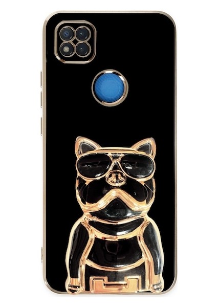 Xiaomi Redmi 9c Kılıf Kamera Korumalı Köpek Desenli Standlı Silikon Siyah