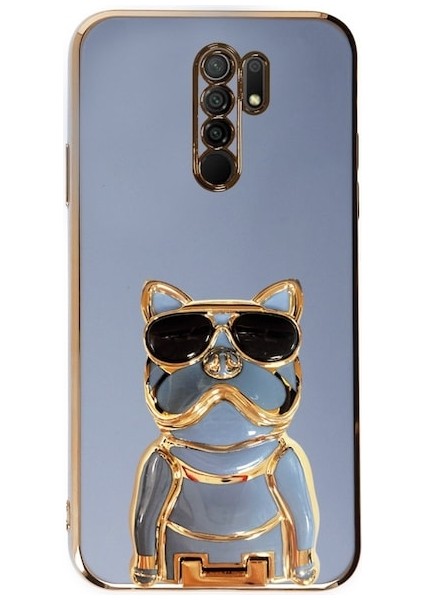 Xiaomi Redmi 9 Kılıf Kamera Korumalı Köpek Desenli Standlı Silikon Mavi