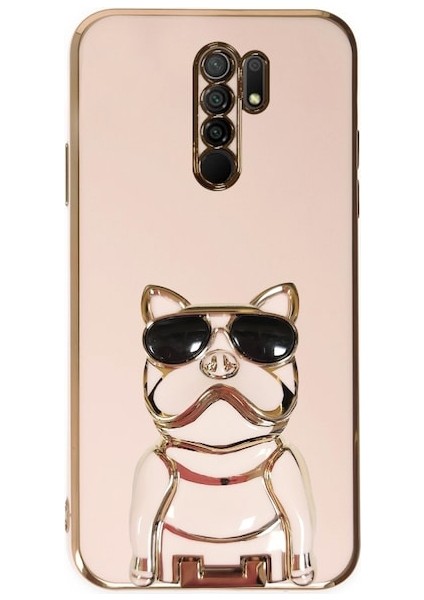 Xiaomi Redmi 9 Kılıf Kamera Korumalı Köpek Desenli Standlı Silikon Pembe