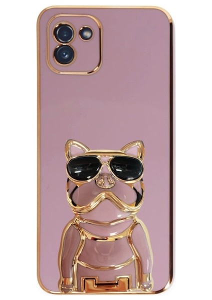 Samsung Galaxy A03 Kılıf Kamera Korumalı Köpek Desenli Standlı Silikon Mor