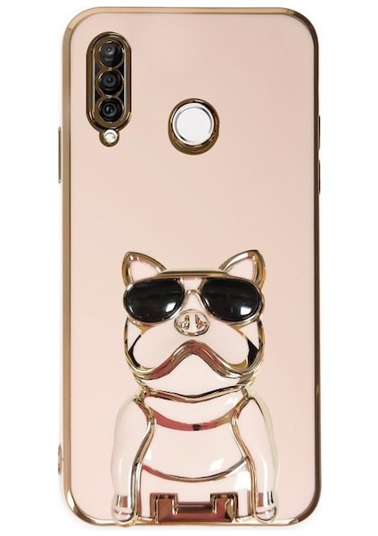 Huawei P30 Lite Kılıf Kamera Korumalı Köpek Desenli Standlı Silikon Pembe