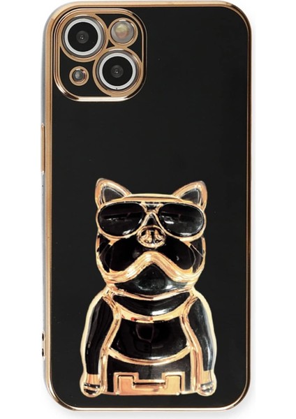iPhone 13 Mini Kılıf Kamera Korumalı Köpek Desenli Standlı Silikon Siyah