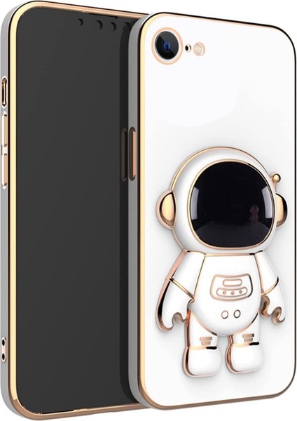 iPhone 7 Kılıf Kamera Korumalı Astronot Desenli Standlı Silikon Beyaz