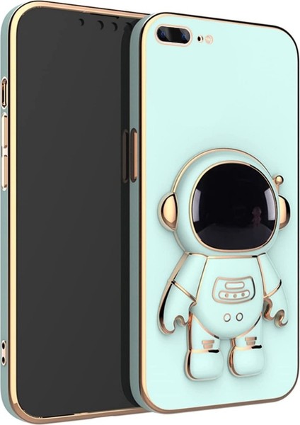 iPhone 8 Plus Kılıf Kamera Korumalı Astronot Desenli Standlı Silikon Turkuaz