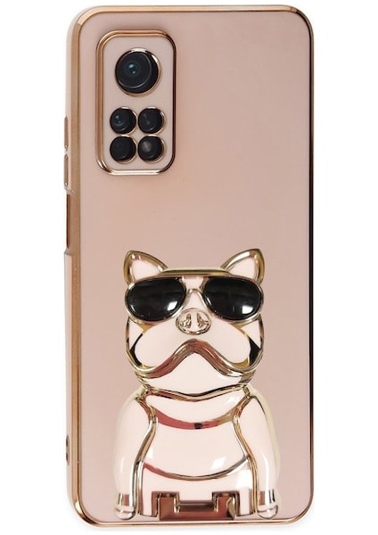 Xiaomi Mi 10T Kılıf Kamera Korumalı Köpek Desenli Standlı Silikon Pembe