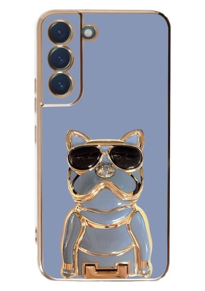 Samsung Galaxy S22 5g Kılıf Kamera Korumalı Köpek Desenli Standlı Silikon Mavi