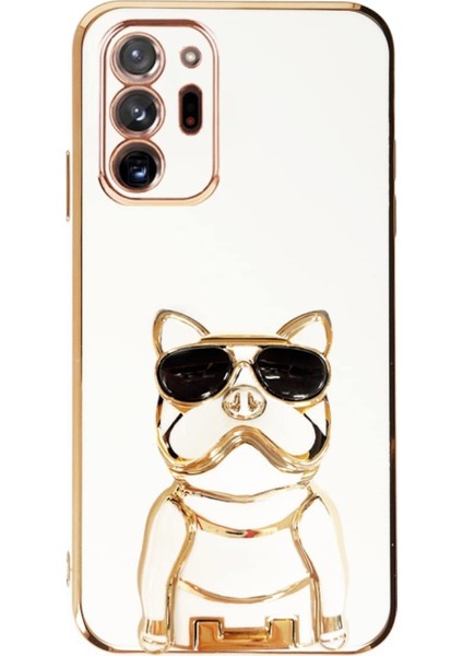 Samsung Galaxy Note 20 Ultra Kılıf Kamera Korumalı Köpek Desenli Standlı Silikon Beyaz