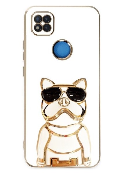 Xiaomi Redmi 9c Kılıf Kamera Korumalı Köpek Desenli Standlı Silikon Beyaz