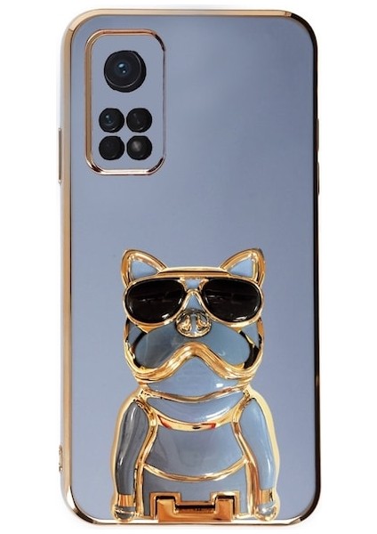 Xiaomi Mi 10T Kılıf Kamera Korumalı Köpek Desenli Standlı Silikon Mavi