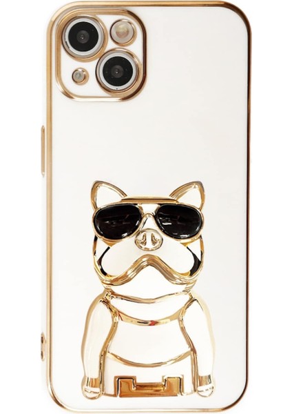 iPhone 13 Mini Kılıf Kamera Korumalı Köpek Desenli Standlı Silikon Beyaz