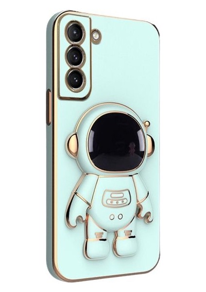 Samsung Galaxy S21 Fe Kılıf Kamera Korumalı Astronot Desenli Standlı Silikon Turkuaz