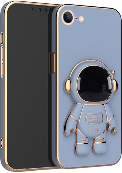 iPhone Se 2020 Kılıf Kamera Korumalı Astronot Desenli Standlı Silikon Mavi