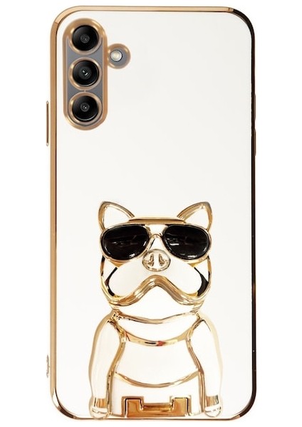 Samsung Galaxy A04S Kılıf Kamera Korumalı Köpek Desenli Standlı Silikon Beyaz