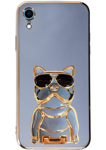 iPhone Xr Kılıf Kamera Korumalı Köpek Desenli Standlı Silikon Mavi