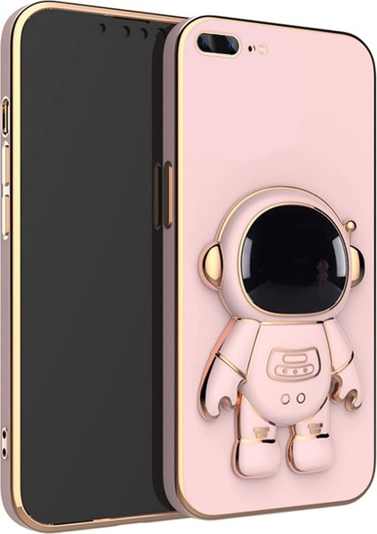 iPhone 7 Plus Kılıf Kamera Korumalı Astronot Desenli Standlı Silikon Pembe