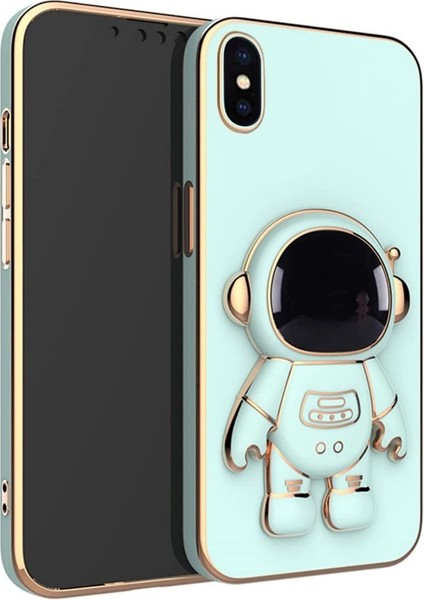 iPhone x Kılıf Kamera Korumalı Astronot Desenli Standlı Silikon Turkuaz