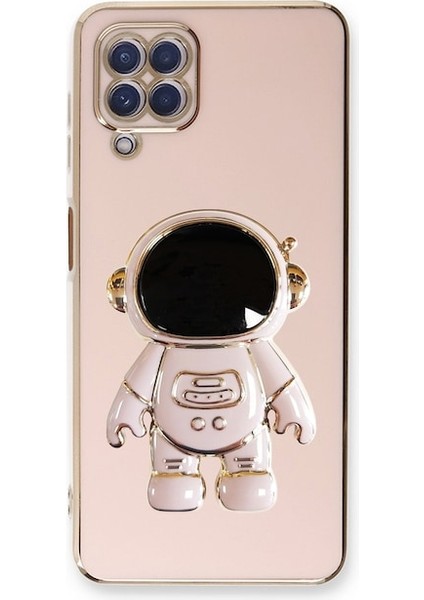 Samsung Galaxy A12 Kılıf Kamera Korumalı Astronot Desenli Standlı Silikon Pembe
