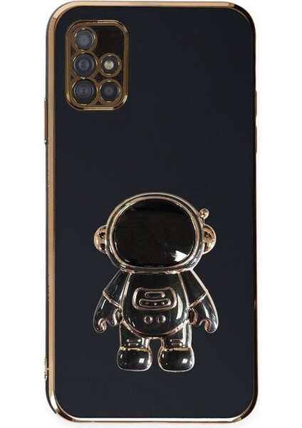 Samsung Galaxy A71 Kılıf Kamera Korumalı Astronot Desenli Standlı Silikon Siyah