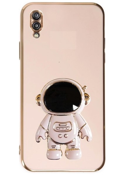 Samsung Galaxy A10 Kılıf Kamera Korumalı Astronot Desenli Standlı Silikon Pembe