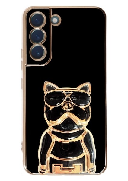 Samsung Galaxy S21 Plus 5g Kılıf Kamera Korumalı Köpek Desenli Standlı Silikon Siyah