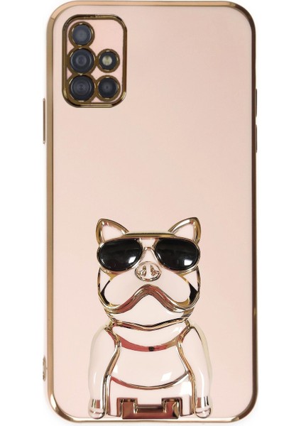 Samsung Galaxy A51 Kılıf Kamera Korumalı Köpek Desenli Standlı Silikon Pembe