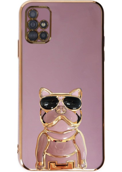 Samsung Galaxy A51 Kılıf Kamera Korumalı Köpek Desenli Standlı Silikon Mor