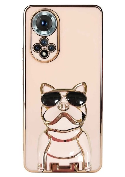 Huawei Nova 9 Kılıf Kamera Korumalı Köpek Desenli Standlı Silikon Pembe