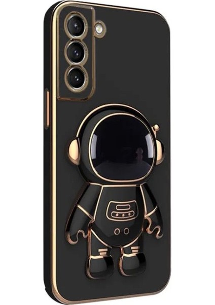 Samsung Galaxy S22 Kılıf Kamera Korumalı Astronot Desenli Standlı Silikon Siyah