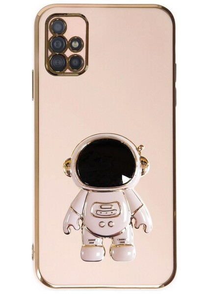 Samsung Galaxy A71 Kılıf Kamera Korumalı Astronot Desenli Standlı Silikon Pembe