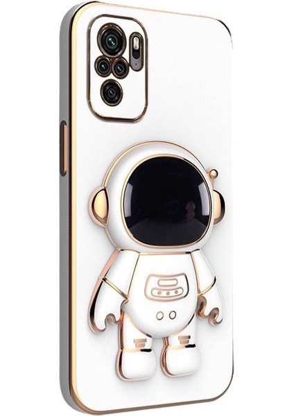 Xiaomi Redmi Note 10 Kılıf Kamera Korumalı Astronot Desenli Standlı Silikon Beyaz