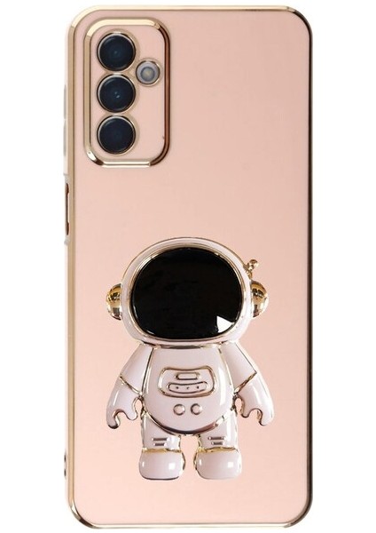 Samsung Galaxy A04S Kılıf Kamera Korumalı Astronot Desenli Standlı Silikon Pembe
