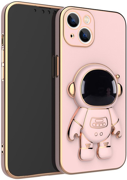 iPhone 15 Plus Kılıf Kamera Korumalı Astronot Desenli Standlı Silikon Pembe