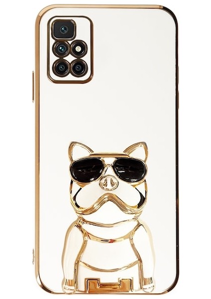 Xiaomi Redmi 10 Kılıf Kamera Korumalı Köpek Desenli Standlı Silikon Beyaz