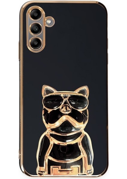 Samsung Galaxy A04S Kılıf Kamera Korumalı Köpek Desenli Standlı Silikon Siyah