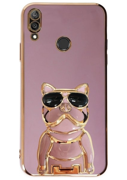 Huawei Y7 Prime 2019 Kılıf Kamera Korumalı Köpek Desenli Standlı Silikon Mor