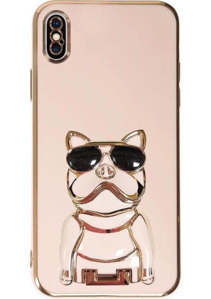 iphone x Kılıf Kamera Korumalı Köpek Desenli Standlı Silikon Pembe