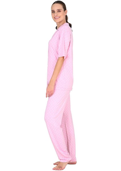 Kadın Viskoz Düğmeli Pembe Pijama Takımı 10214