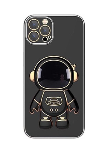 iPhone 12 Pro Max Kılıf Kamera Korumalı Astronot Desenli Standlı Silikon Siyah
