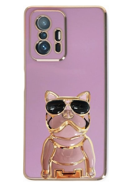 Xiaomi Mi 11T Pro 5g Kılıf Kamera Korumalı Köpek Desenli Standlı Silikon Mor